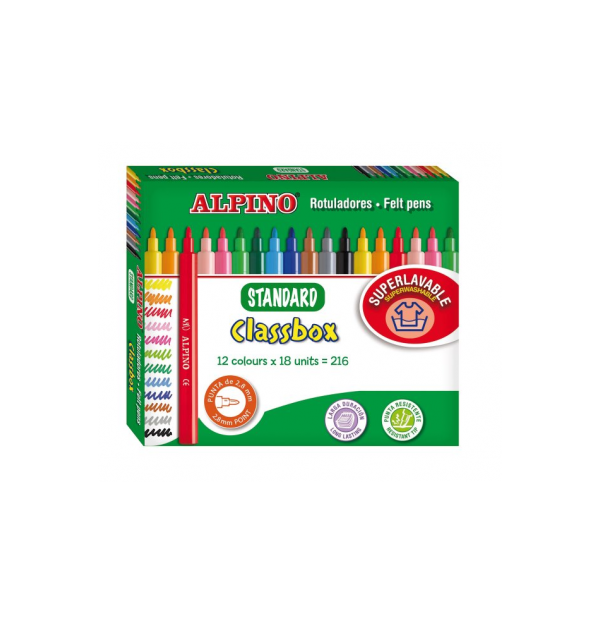 Carioca lavabila, 18 x 12 culori/cutie, ALPINO Standard Economy pack - ideale pt. scoli si gradinite