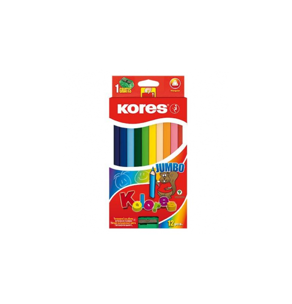 Creioane Colorate 12 Culori cu Ascutitoare Triunghiulare Jumbo Kores