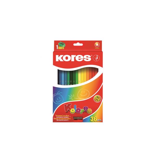 Creioane Colorate 36 Culori cu Ascutitoare Triunghiulare Kores