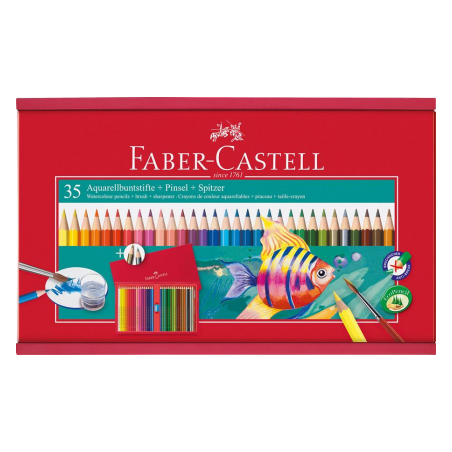 Creioane Colorate Acuarela 35 buc + Pensula Cutie Lemn Faber-Castell