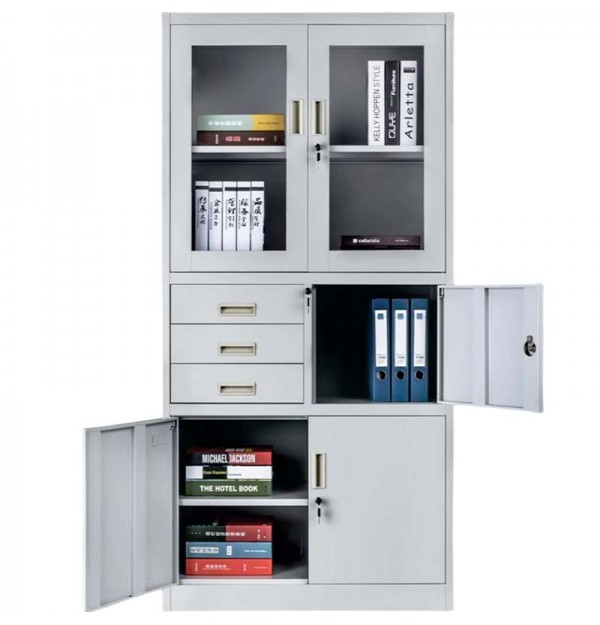 Dulap metalic Premium usi sticla cu 3 rafturi, 3 sertare si seif 900x400x1800 mm (LxlxH), 50 kg/polita, inchidere cu cheie, PLUS
