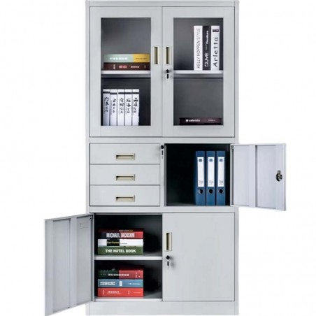 Dulap metalic Premium usi sticla cu 3 rafturi, 3 sertare si seif 900x400x1800 mm (LxlxH), 50 kg/polita, inchidere cu cheie, PLUS