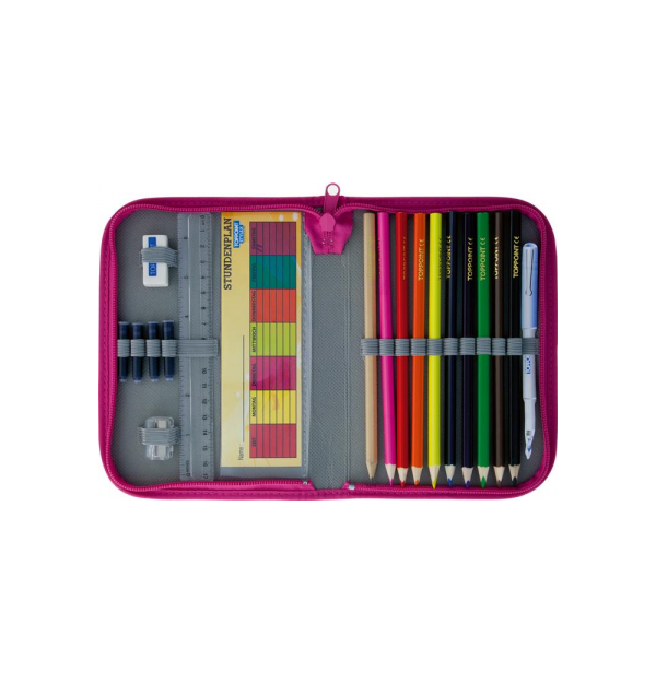 Penar echipat, 19 componente, contine 9 creioane colorate, ascutitoare, radiera, rigla 17 cm, orar,